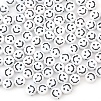 10 mm Białe Koraliki, Czarne Koraliki Akrylowe, Z Uśmiechem, Temat Kołki Plastikowe Koraliki DIY Akcesoria Biżuteria Hurtowych