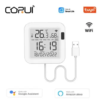 CORUI WiFi Tuya Inteligentny Czujnik temperatury i wilgotności USB Power z wyświetlaczem LCD Działa z Smart Life Alexa Google Home