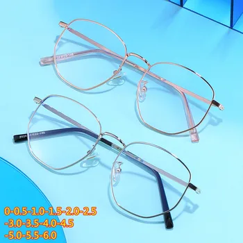 Czarne okulary dla krótkowzroczne z nieprawidłowego oprawce, Różowe złoto, Damskie Retro Studenckie Anty-niebieskie okulary dla krótkowzroczne od 0 do -1,0 do -6,0
