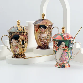 Filiżanka do kawy z pokrywką i łyżeczką z bone china Antyczny obraz Klimta filiżanki Herbaty z pokrywką Luksusowy Prezent