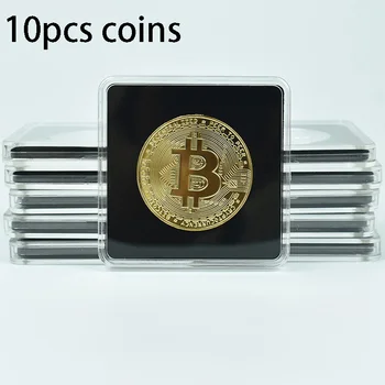 Gorąca 10szt Złote Monety Bitcoin z Klejem Obudową Kolekcja Monet Metalowe Monety Kolekcjonerskie