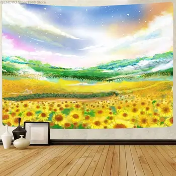 Simsant Sonnenblumen Tapisserie Sonnenaufgang Natur Landschaft Pilz Schmetterling Wand Hängen Wandteppiche für Wohnzimmer Wohnku